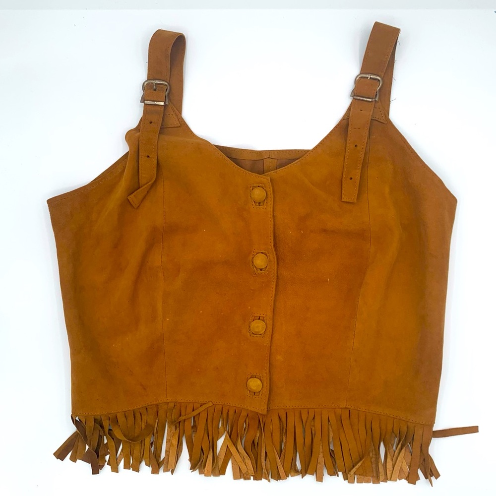 Women’s Crop fringed brown festival wear buckled shoulder straps button front